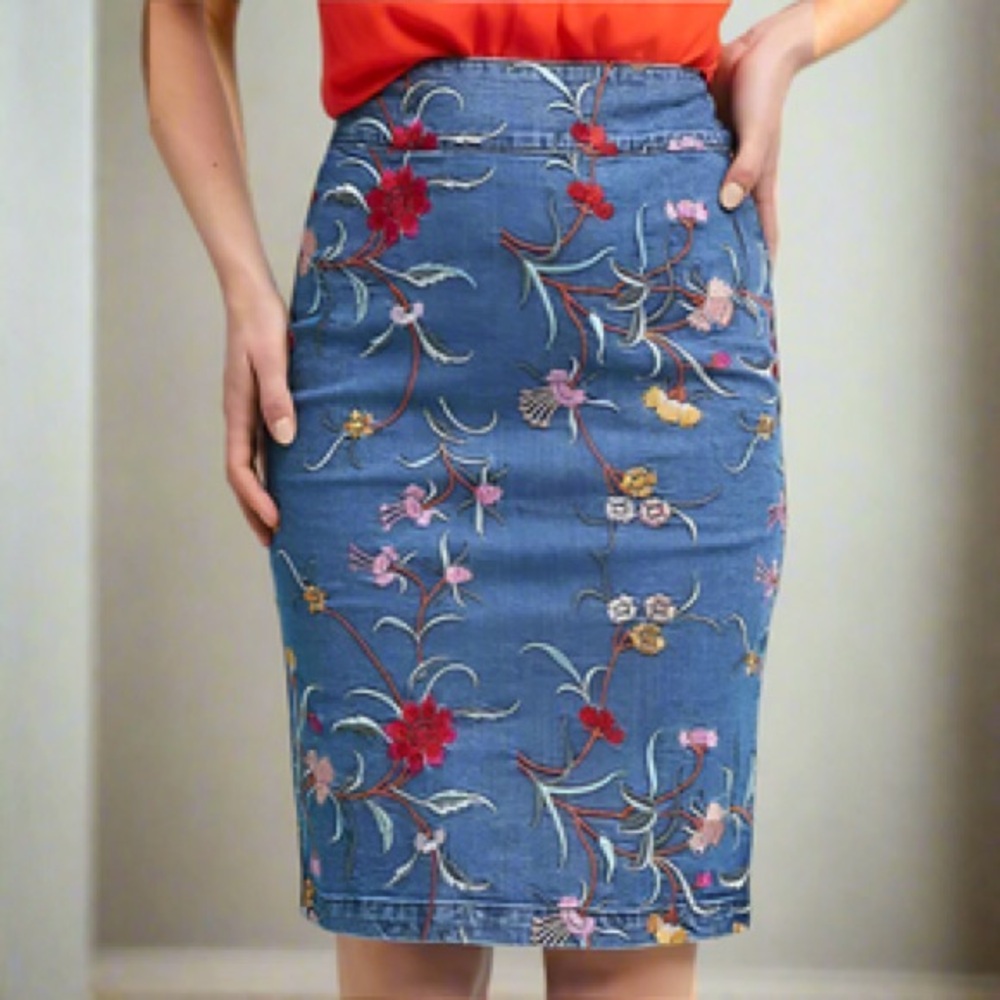 Anthropologie Denim Floral Pencil Skirt